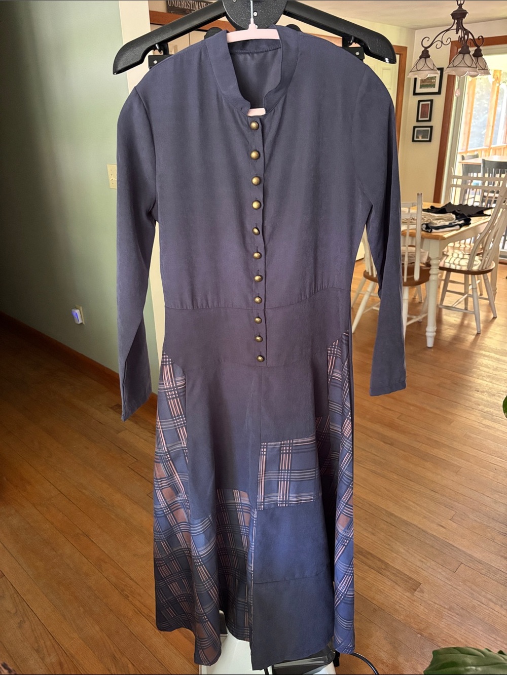 Long Sleeve Navy Plaid Panel Midi Dress
